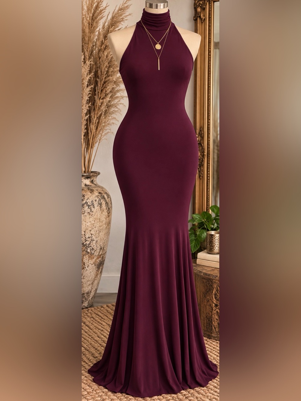 Norma Kamali Halter Maxi Dress in Deep Plum